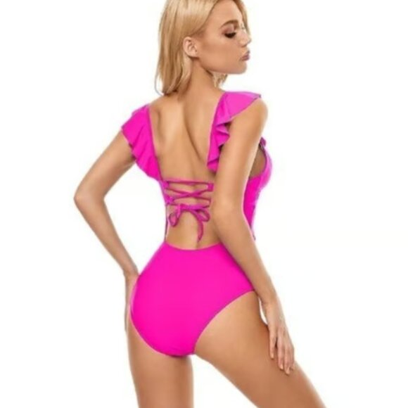 V-Neck One Piece Ruffled Tummy Control Swimsuit Size Med NWT #M-094 - Picture 2 of 3